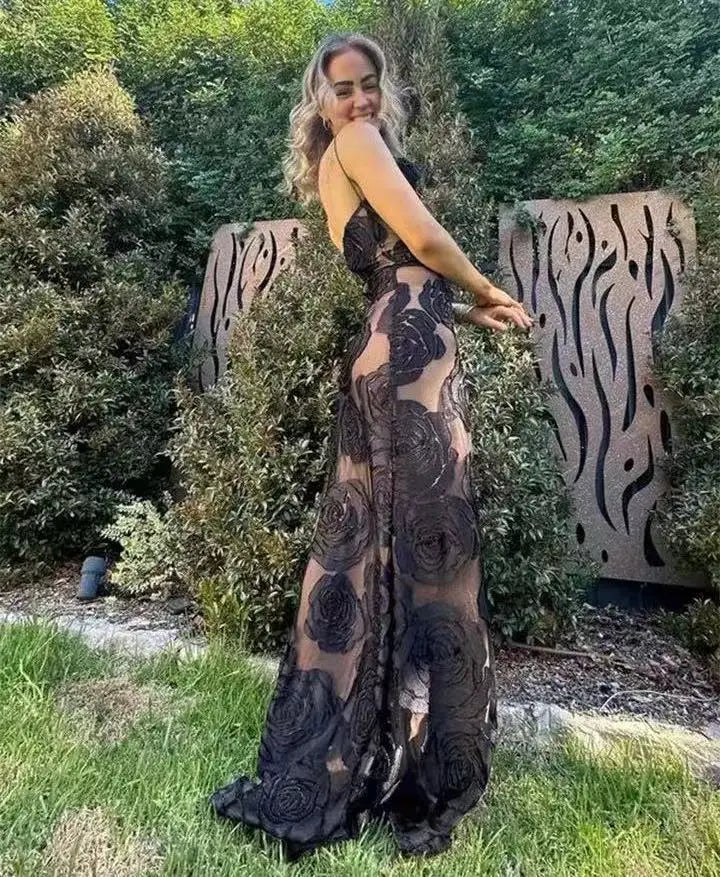 Mingmingxi Black Mesh Birthday Dress for Women 2024 One Shoulder Sexy Long Dress Slim Elegant Flower Wedding Guest Party Dresses