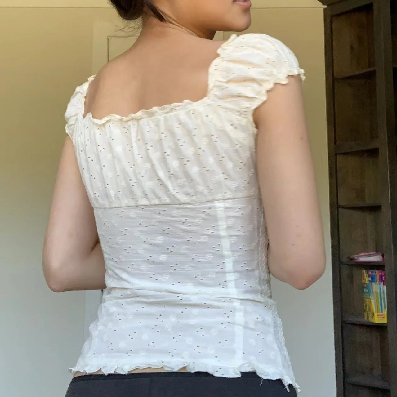 2024 New White Lace Tied Square Neck Summer T-shirts Chic Elegant Short Sleeve Tee Cotton Y2K Street Casual Bow Tie-up Top Women
