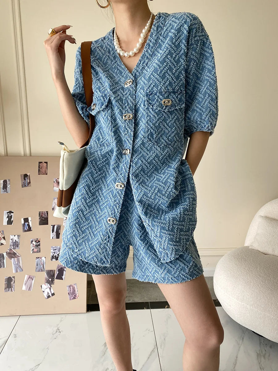 Women's Denim Short Sleeve Top and Shorts Two Piece Suit French Fashion Spring Summer Cowgirl Top Streetwear Korean Leisure New