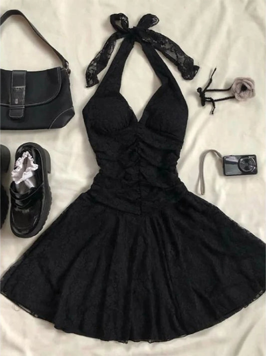 2025 Summer New Black Dress for Women Sexy Slim Fit Halter Lace Up Dresses Y2k High Waist Halter Lace Up Vestidos De Mujer