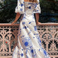 Fashion Square Collar Printed Long Dress Women Elegant Casual Short Puff Sleeved Dresses 2024 Summer Chic Female Vacation Robes