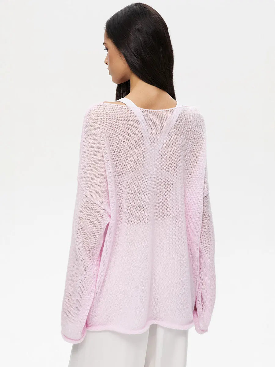 Original Fashion Hollow Out Knit Shirt Spring And Summer Women's Perspective Thin O-Neck Loose Elastic Long Sleeve Knit T-shirt