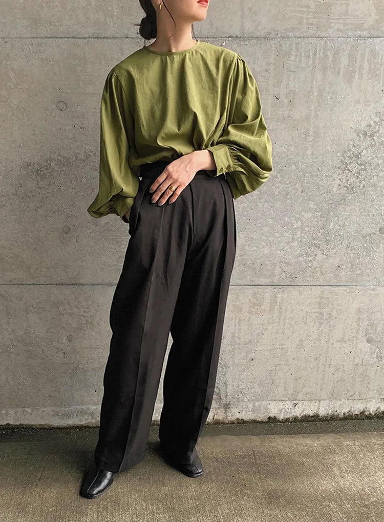 Japan Style Office Lady Elegant Vintage Blouse Women O-neck Loose Lantern Sleeve Shirts Solid All-amtch Blusas Autumn Ladies Top