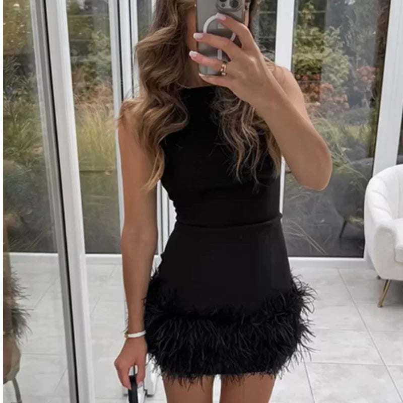 TRAF Women's Dress Feathers Sleeveless Mini Dress Elegant Black Short Dresses Bodycon Party Dresses Woman Vest Christmas Dress