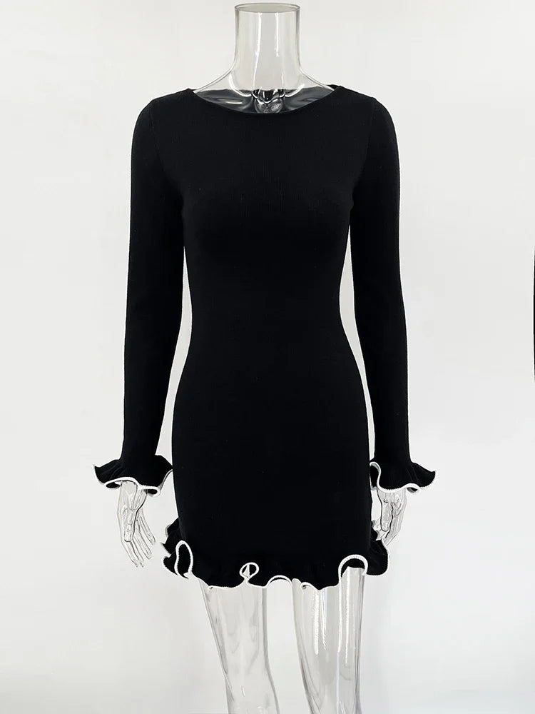 TARUXY Spring New Knitted Mini Dress For Women Fungus Contrast Color Slim Sweater Dress Elegant Female Party Clothes Long Sleeve