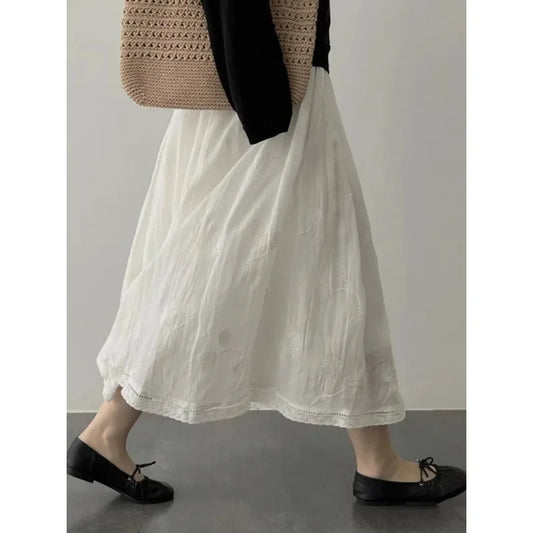 French Style A- Line Cotton Linhing Skirt Women's Summer High Waist Slimming Loose Midi Skirt Tea Break Fashion plus Size