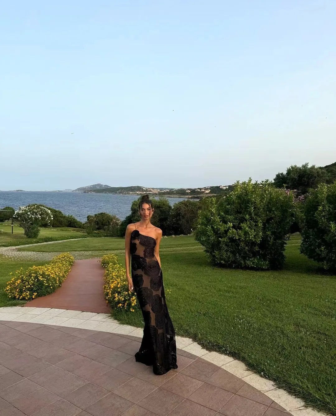 Mingmingxi Black Mesh Birthday Dress for Women 2024 One Shoulder Sexy Long Dress Slim Elegant Flower Wedding Guest Party Dresses