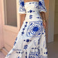 Fashion Square Collar Printed Long Dress Women Elegant Casual Short Puff Sleeved Dresses 2024 Summer Chic Female Vacation Robes
