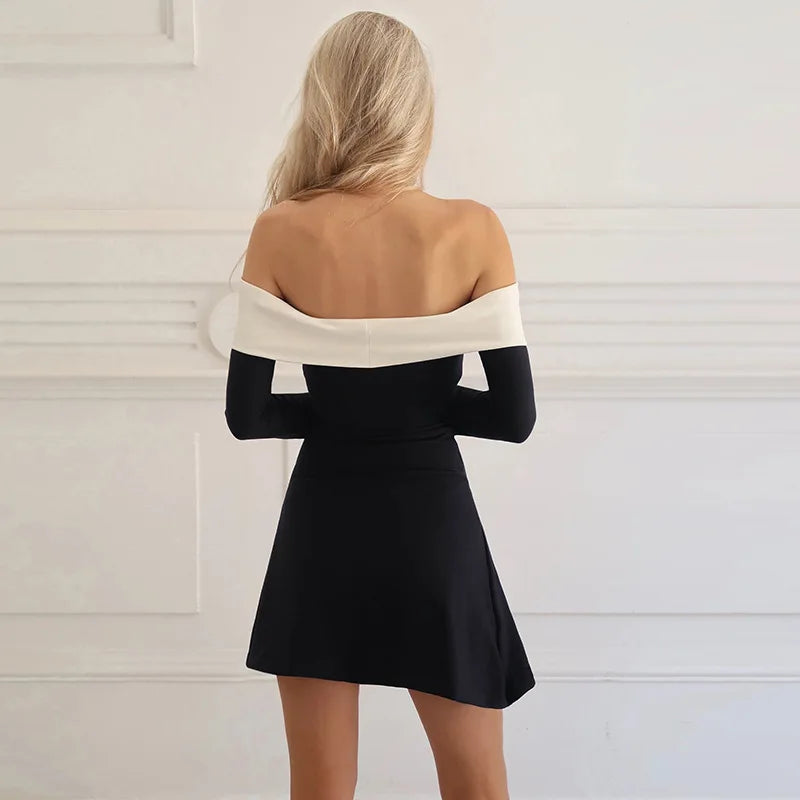 Talenza Elegant Backless Patchwork Mini Dress Women's Sexy One Shoulder Long Sleeve A-Line Dress Solid Slim Resort Mini Dress