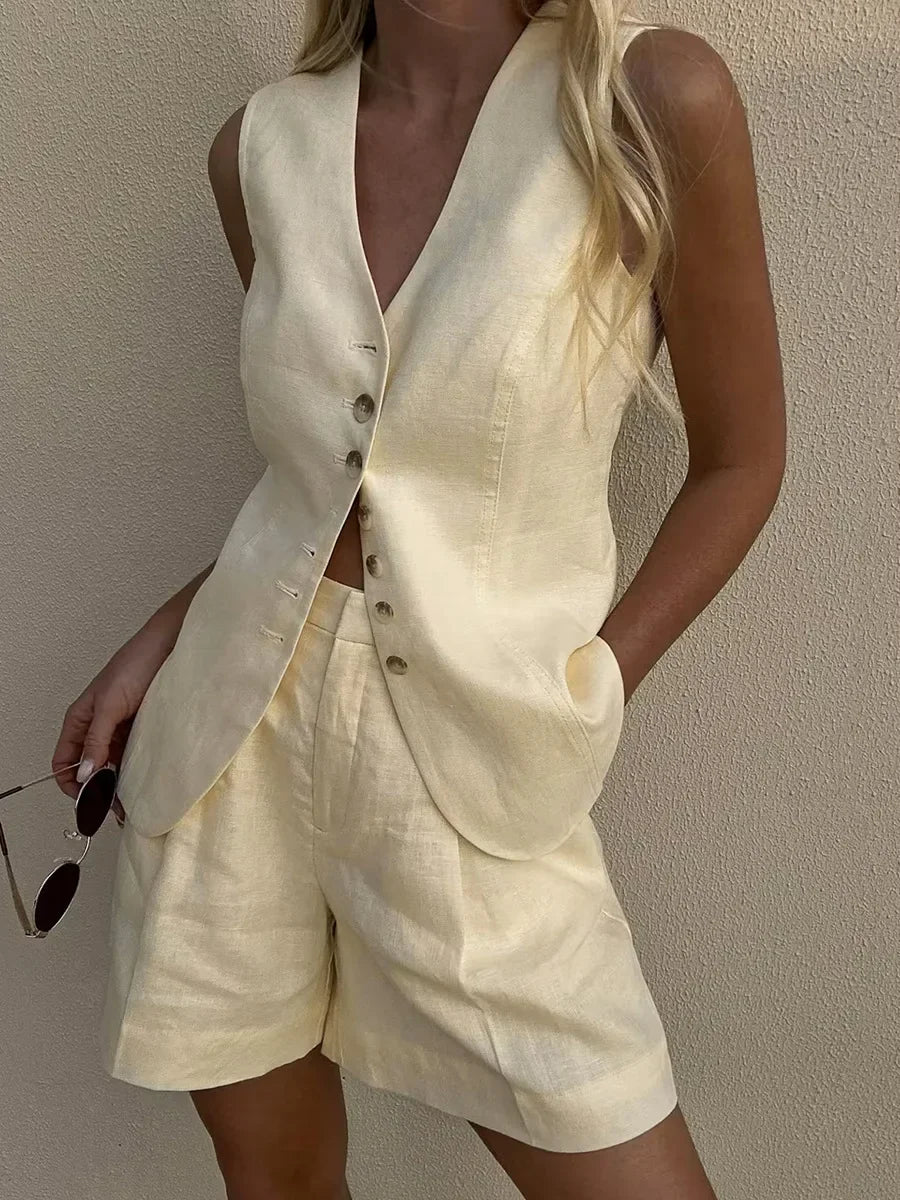 Wolfeel Cotton linen Chic Casual Vest Shorts Set Women's Fashion Commuter Sleeveless Tank Top Loose Shorts Suits Summer New