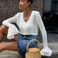 Trendix Summer Knit Long Sleeve Cardigan For Women V Neck Solid Bodycon Hollow Out Short Tops Party Club Slim Vacation Top Femme
