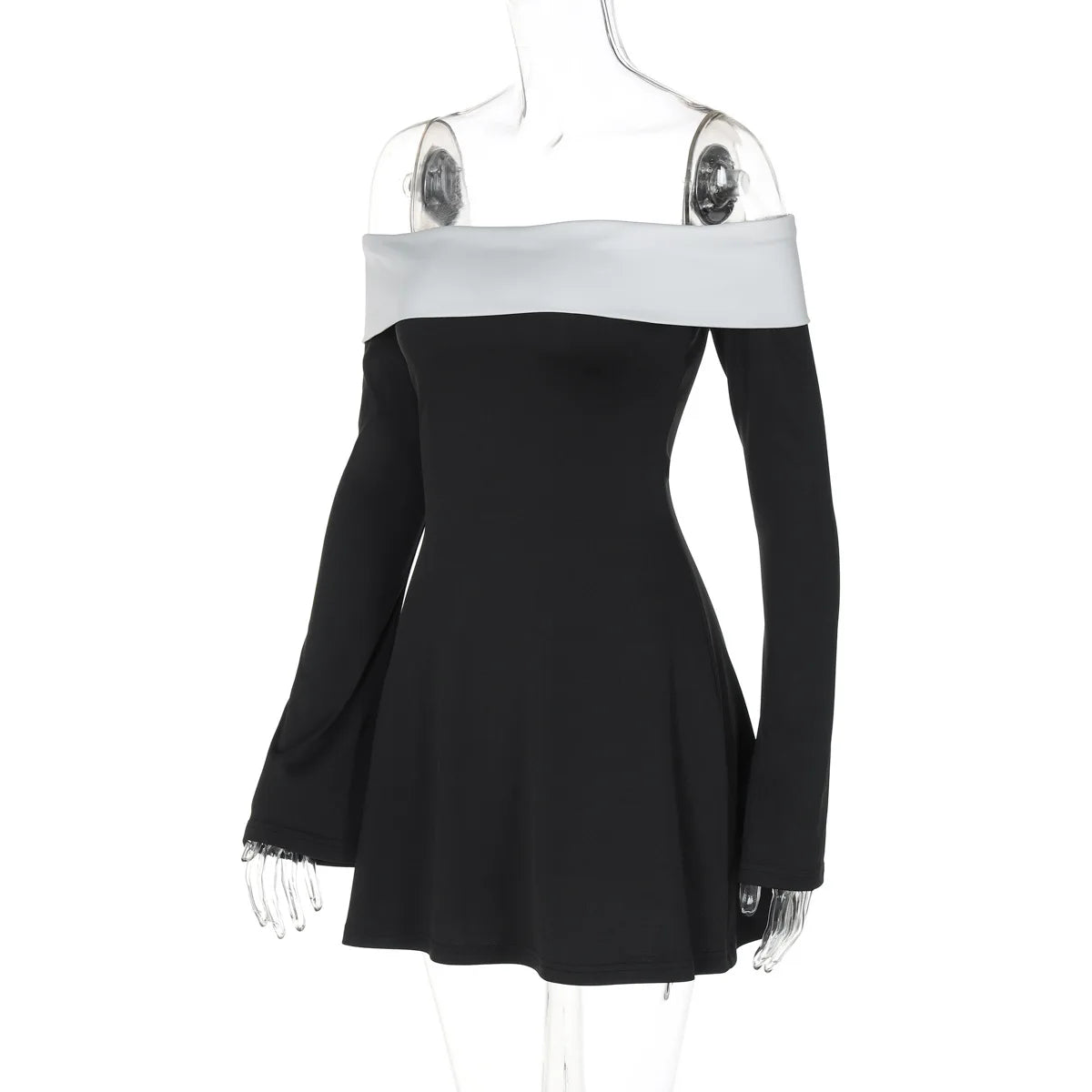 Talenza Elegant Backless Patchwork Mini Dress Women's Sexy One Shoulder Long Sleeve A-Line Dress Solid Slim Resort Mini Dress