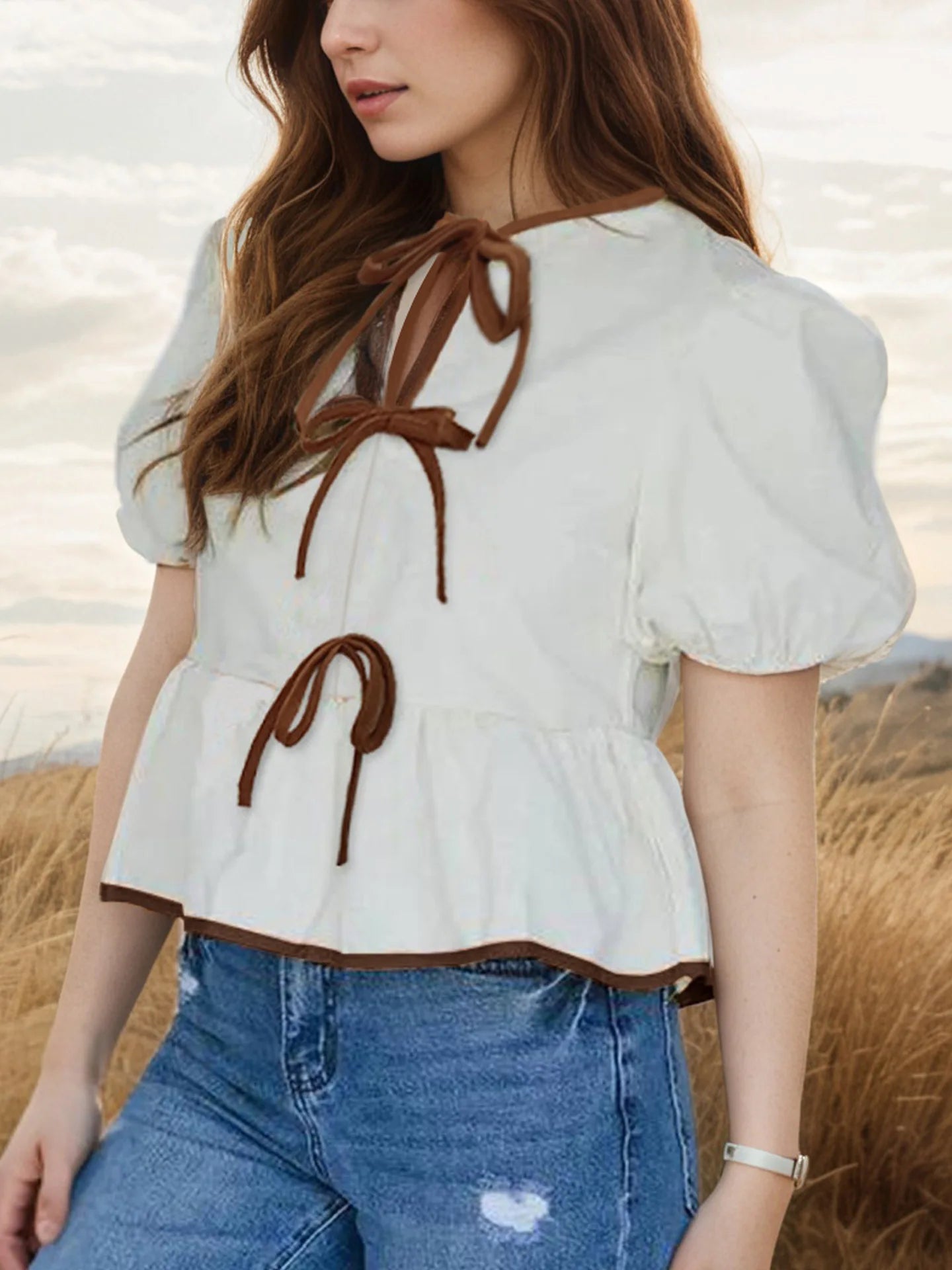 European and american foreign trade women's clothing2025New Women's Retro Bow Design Loose Puff Sleeves Shirt Short Sleeve