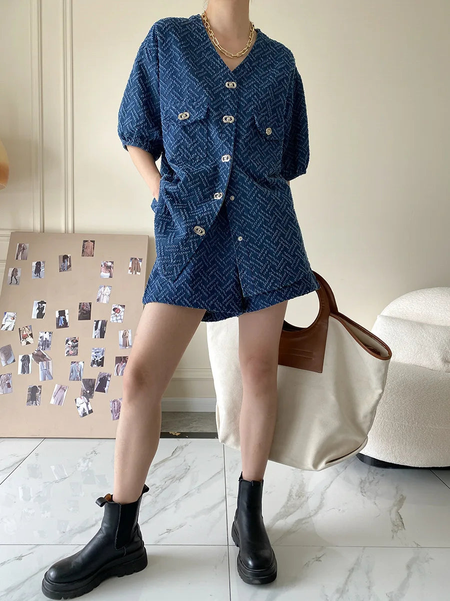 Women's Denim Short Sleeve Top and Shorts Two Piece Suit French Fashion Spring Summer Cowgirl Top Streetwear Korean Leisure New