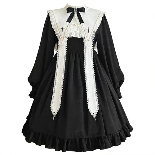 Contract Color Lolita Dress for Women Gothic Style Dark Girl Japanese Retro Op Dress Autumn and Winter Long Sleeve Black Dress