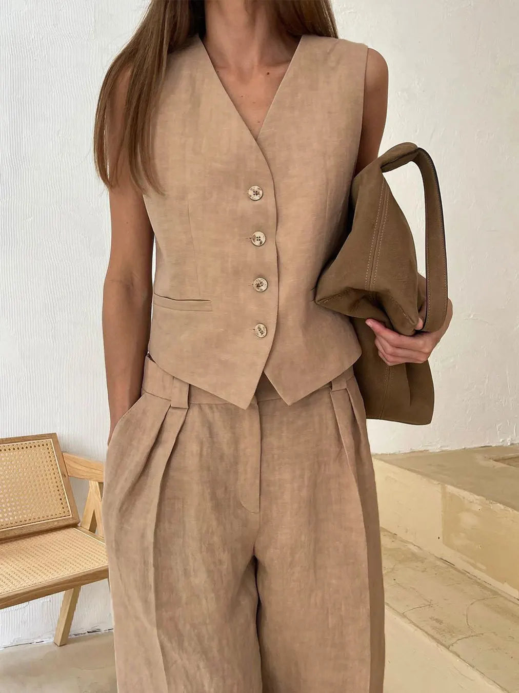Cotton Linen Blend Vest Wide Leg Pants Suit Spring and Summer Women's Casual Fashion Sleeveless Vest Pleated Low Waist Pants Set