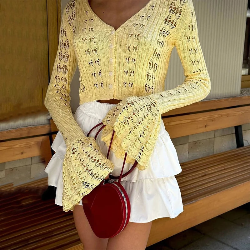 Trendix Summer Knit Long Sleeve Cardigan For Women V Neck Solid Bodycon Hollow Out Short Tops Party Club Slim Vacation Top Femme
