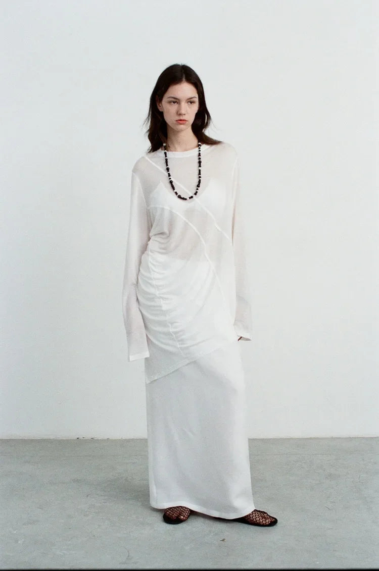 Elegant High-Waisted A- Line Skirt For Women Summer Commuting Long Dress Textile Song WhiteDrapedSideSlitLongDress