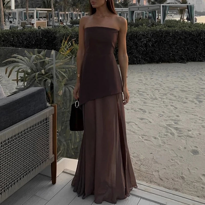 Casual Mesh Patchwork Women's Long Dress Fashion Strapless Split Banquet Dress 2025 Spring Summer Elegant Solid Holiday Dresses