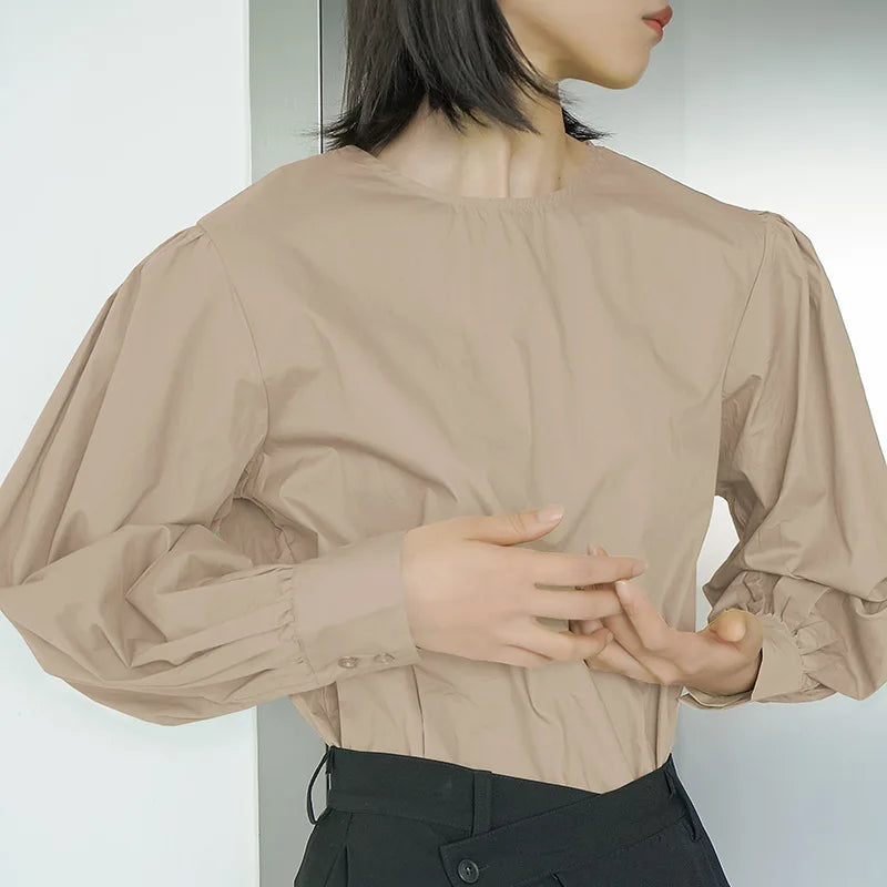 Japan Style Office Lady Elegant Vintage Blouse Women O-neck Loose Lantern Sleeve Shirts Solid All-amtch Blusas Autumn Ladies Top