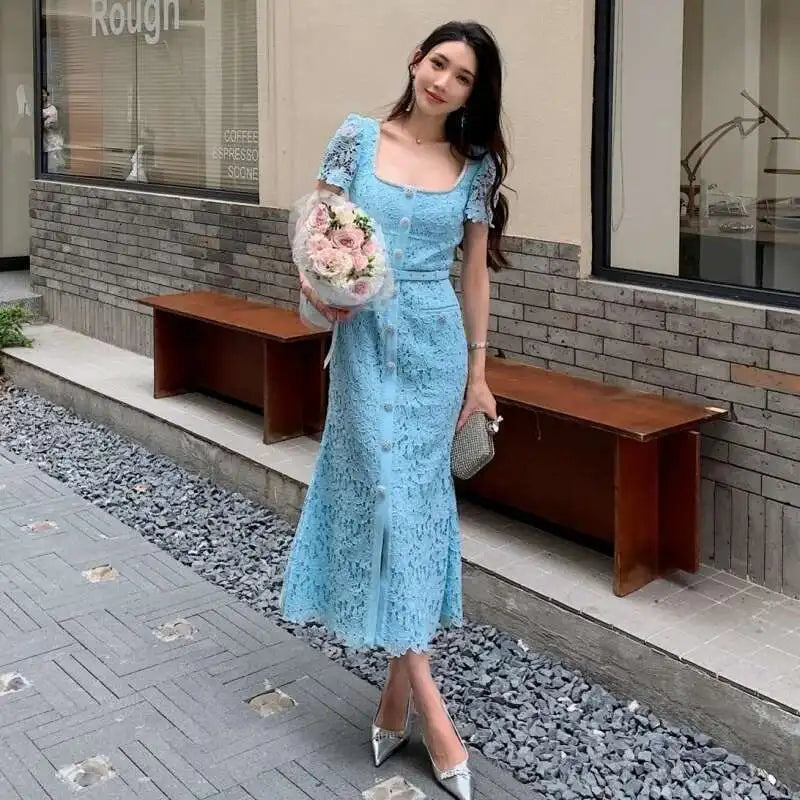 JAMERARY Brand Designer Summer Black Lace Evening Prom Dress Women Diamond Button Short Sleeve Midi Long Party Vestidos Quality