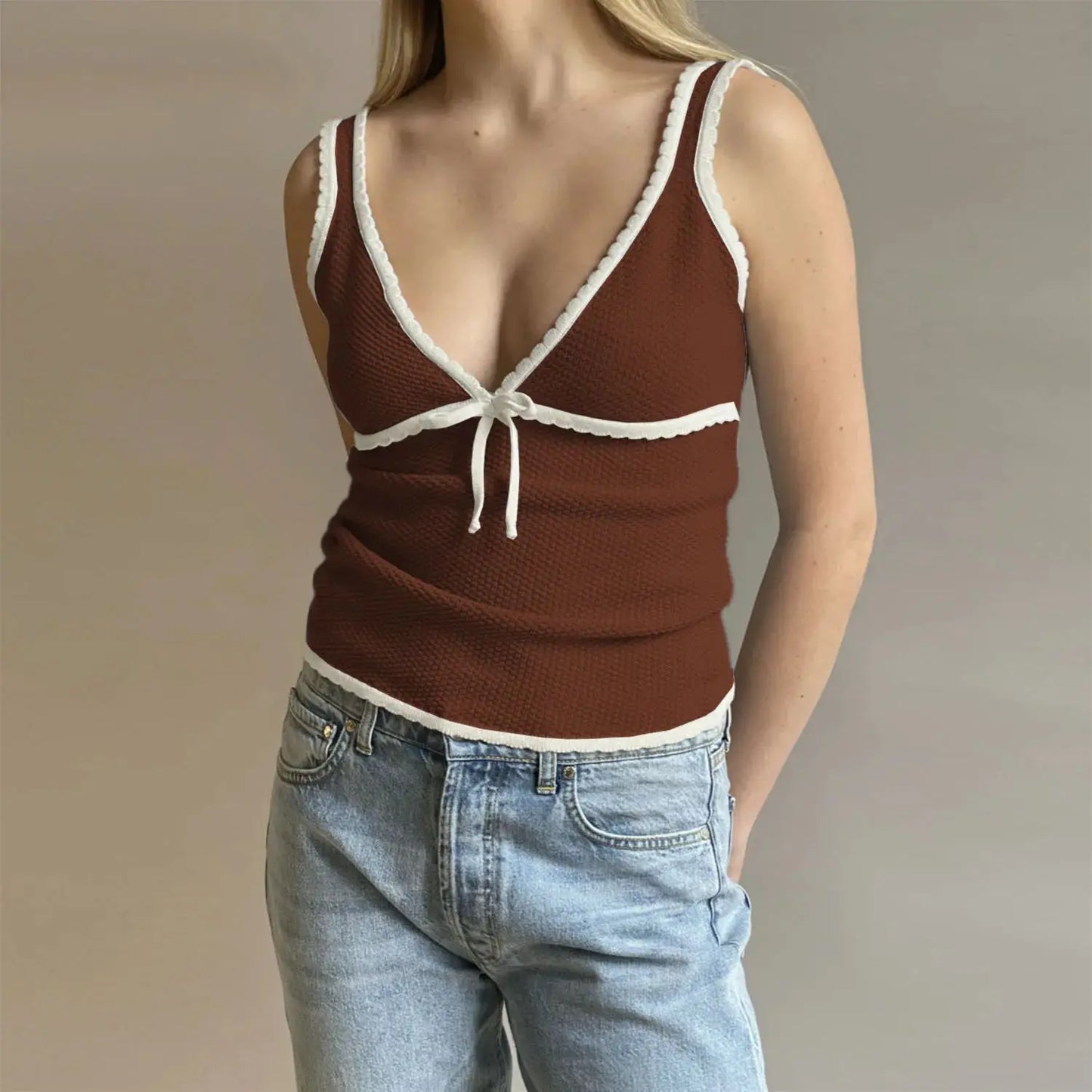 Bow V-neck Knitted Slim Crop Top Women Summer Patchwork Spaghetti Strap Sleeveless Tank Tops Casual Streetwear All-match Vests