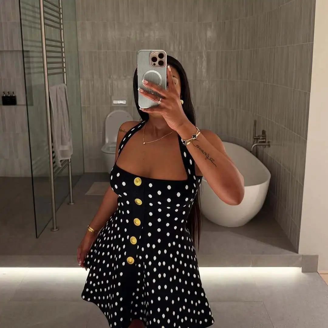 Tuularose Knit Backless Short Dress Women's High Waist Sleeveless Polka Dot Neck Dress Elegant Vintage Party Evening Dress 2025