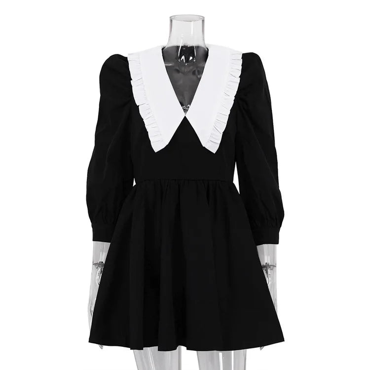 Tuularose Black Patchwork Dress Women's New Elegant Pleated A-Line Short Dress High Waist Office Lady Retro Party Dress Vestidos