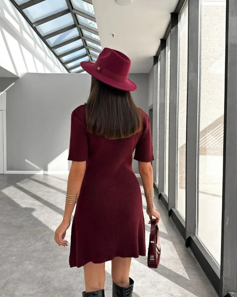 Trendix Elegant Knit Mini Dress Women Street Slim High Waist Short Sleeve Rib Sweater Dresses Vacation Bodycon Knitwear Dress
