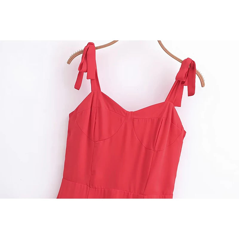 French Red Holiday Party Sling Summer Dress For Women Bow Shoulder A-line Slim Midi Chiffon Dresses