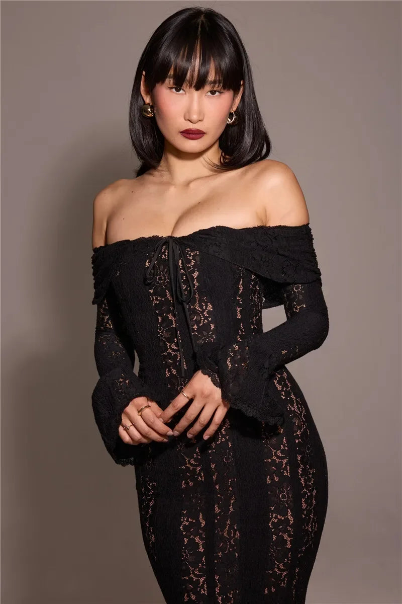 Oligai Winter Lace Long Sleeve Evening Party Dresses Women 2025 Black Sexy Elegant Maxi Dress Fashion Long Wedding Guest Dress
