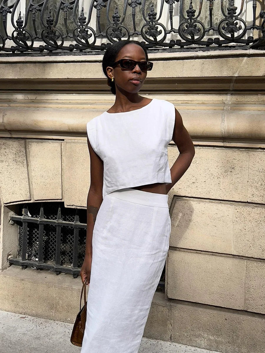 Bornladies Cotton Linen Vest Half Skirt 2-Piece Set  Women's Summer New INS Chic Short Vest Casual Set Split Long Skirt Suits