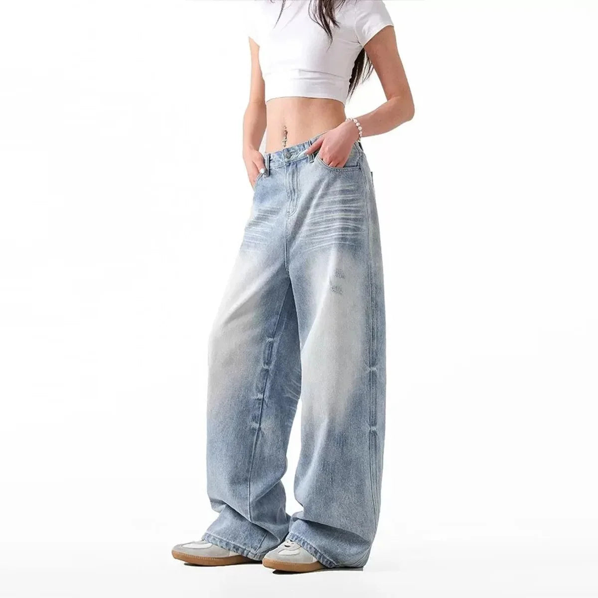 Retro American Light Blue Denim Jeans Loose Wide Leg Straight Floor-Length Trousers for Men And Women Autumn Fashion Brand