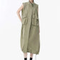 [EAM] Women Green Pocket Hem Drawstring Big Size Vest Dress New Stand Collar Sleeveless Fashion Tide Spring Autumn 2025 1DJ0147