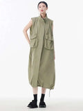 [EAM] Women Green Pocket Hem Drawstring Big Size Vest Dress New Stand Collar Sleeveless Fashion Tide Spring Autumn 2025 1DJ0147