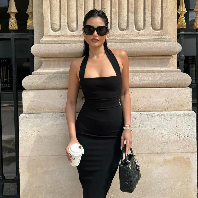 TARUXY One-Shoulder Bodycon Black Evening Dress For Women Sexy Backless Sleeveless Neck-Mounted Long Party Dress Female Elegant