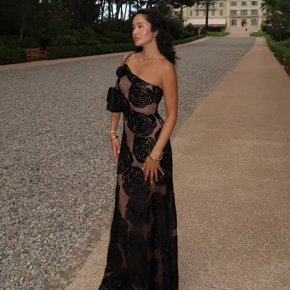 Mingmingxi Black Mesh Birthday Dress for Women 2024 One Shoulder Sexy Long Dress Slim Elegant Flower Wedding Guest Party Dresses