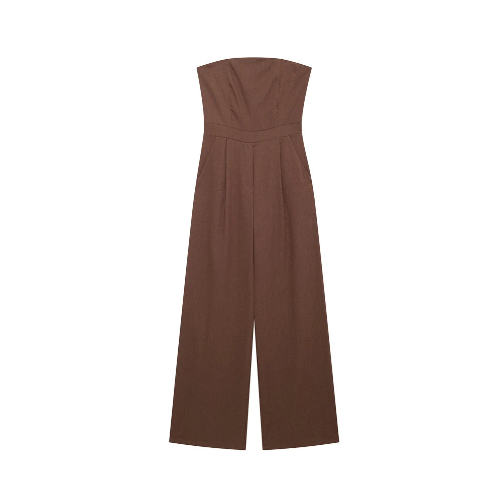 TRZA-Strapless Linen Jumpsuits for Women, Straight Neck, Back Zipper, Female Playsuits, Chic Fashion