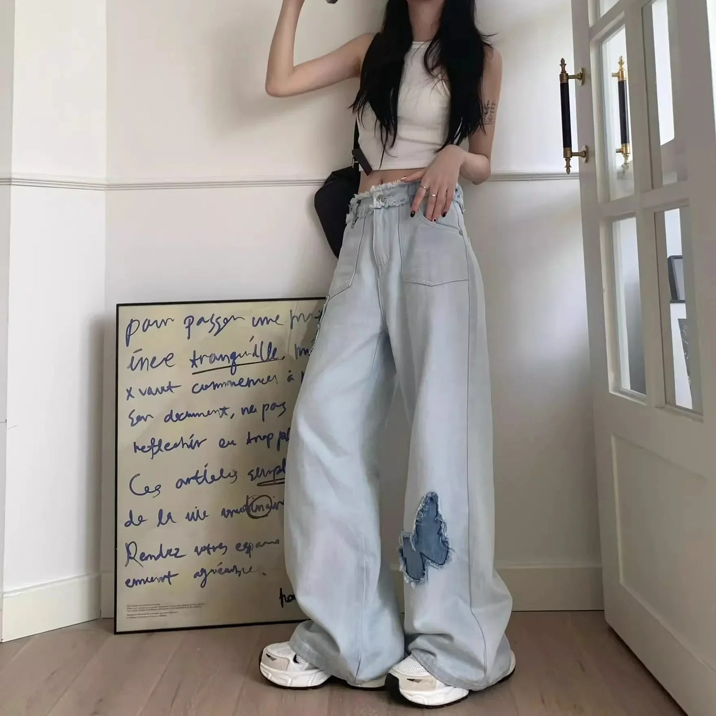 Korean Style High-Waisted Wide-Leg Jeans For Women Spring New Loose-Fit Shallow Blue Butterfly Hollow Out Straight-Leg Pants