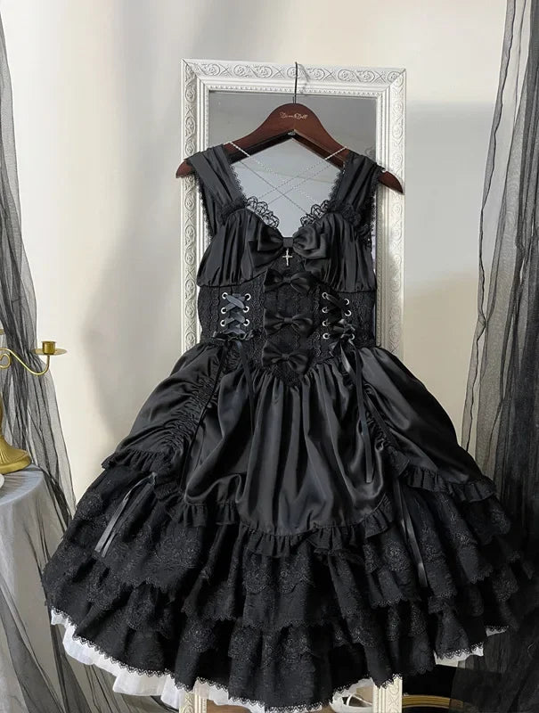 Japanese Lolita Dark Gothic Style JSK Lace Stitching Bow Lace-up V-neck Sleeveless High Waist Hot Sweet Black Cake Dress Women
