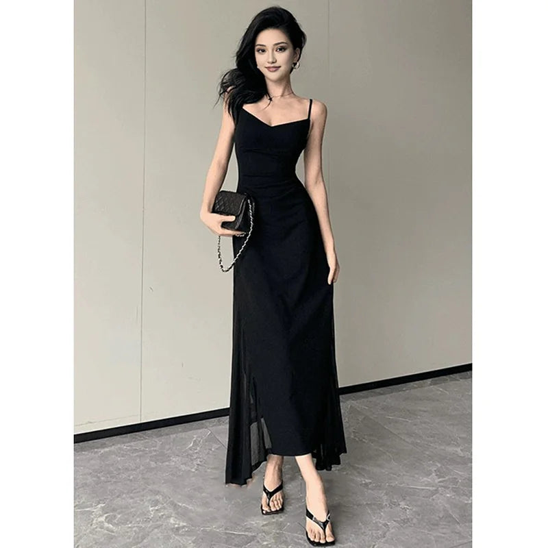Korean V-Neck Spaghetti Strap Dress for Women Sexy Backless Waist-Tight Party Dresses Woman Elegant Black Sheer Midi Dress New