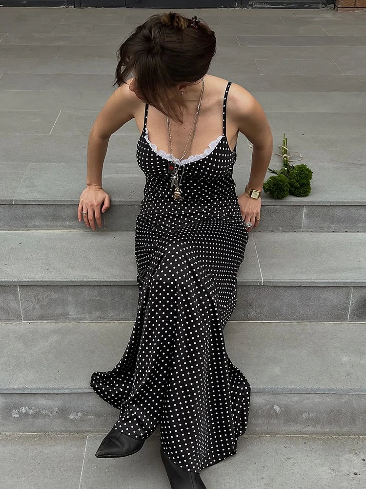Talenza Black Lace Long Dress Women Fashion Polka Dot Printed Sleeveless Halter Dress Summer Sexy High Waist Party Evening Dress