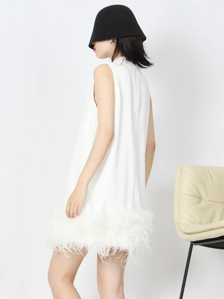 TWOTWINSTYLE Feather Fur Dress For Women O Neck Sleeveless Loose Tassel A Line Dresses Female Streetwear 2022 Summer Fashion New