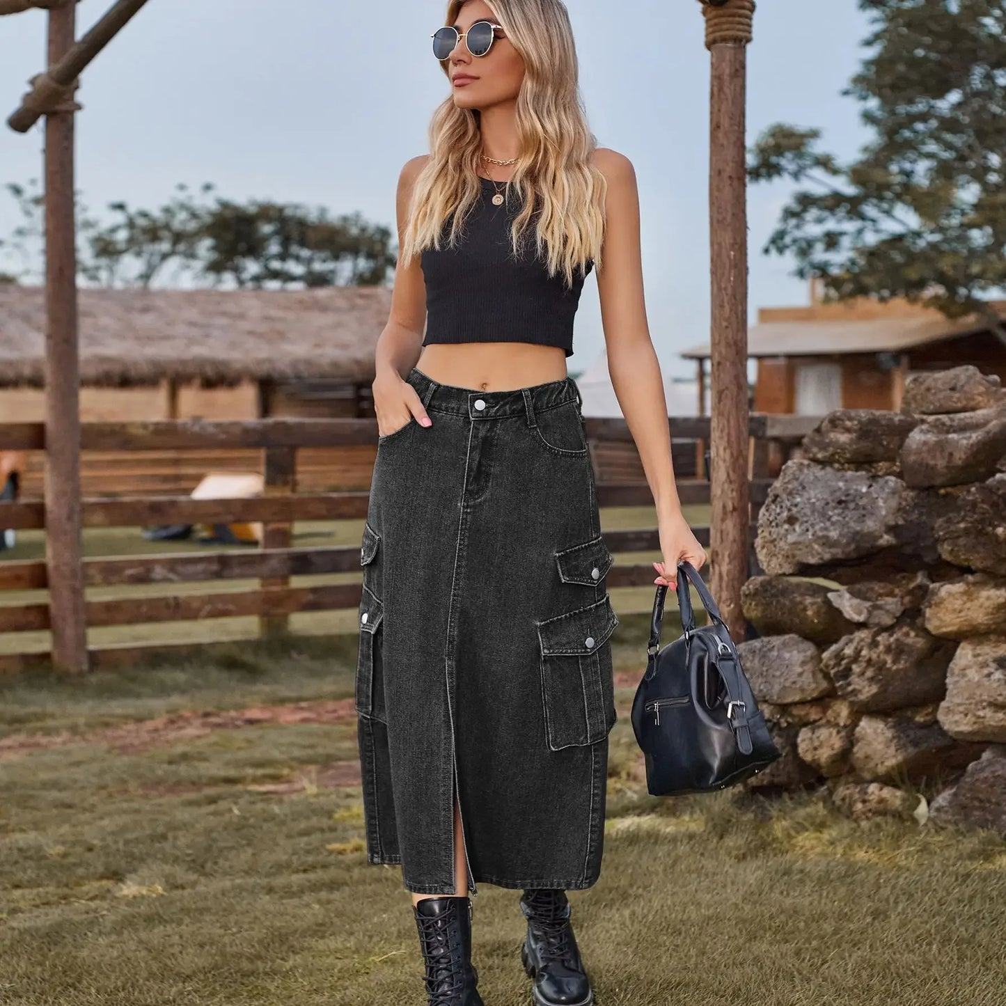 American Style Elastic Waist Denim Workwear Casual Long Dress Skirt New Arrival Women's Clothing European And American Crossbody