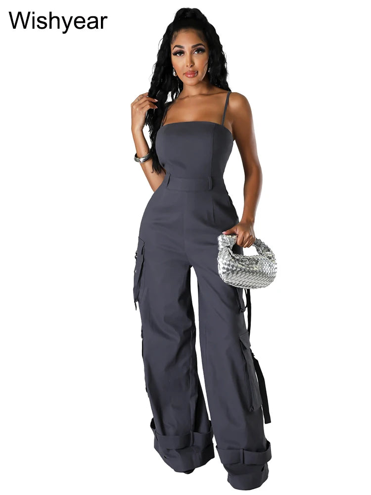 Fashion Multi Pocket Cargo Pants Wide Leg Jumpsuit Rompers Women Khaki Spaghetti Strap Backless One Piece Overalls Streetwear