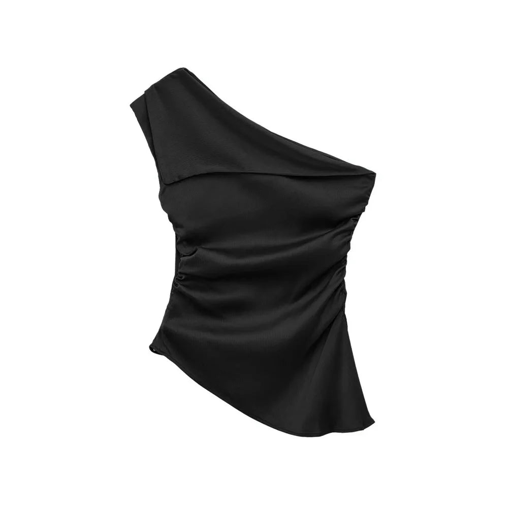 TRZA Women's Asymmetric Draped Blouse One Shoulder Side Zipper Chic Fashion Top Female Shirt