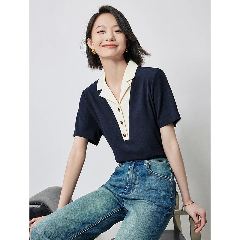 TOYOUTH Women Contrasting Colors POLO Collar T-shirt 2025 Summer New Short Sleeved Top