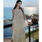 Vintage Women Beige Elegant Off Shoulder Evening Party Dress Summer Sleeveless Vacation Pleated Halter Cake Long Sundress Simple