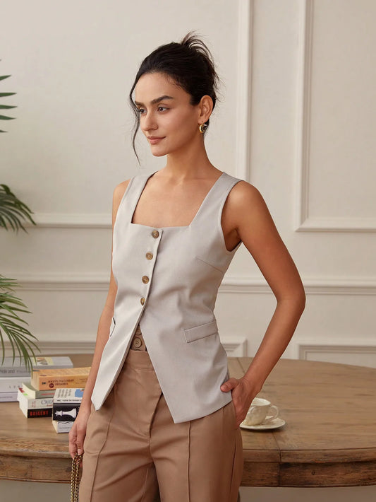 AEL Women's Sleeveless Vest Women Fashion Front Buttons Waistcoat Vintage Square Neck Sleeveless Female Outerwear Chic Tops