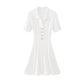Summer New Women's Turn Down Collar Short Sleeve Knitted Mini Dress Slim Fit A-line Diamond Buttons White Short Dress  C-050